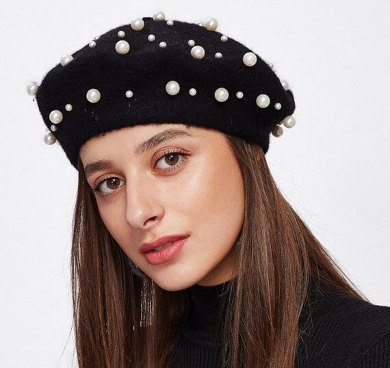 Black Embellished Pearl French Wool Beret Basque Beret Hat | Etsy | Etsy (US)