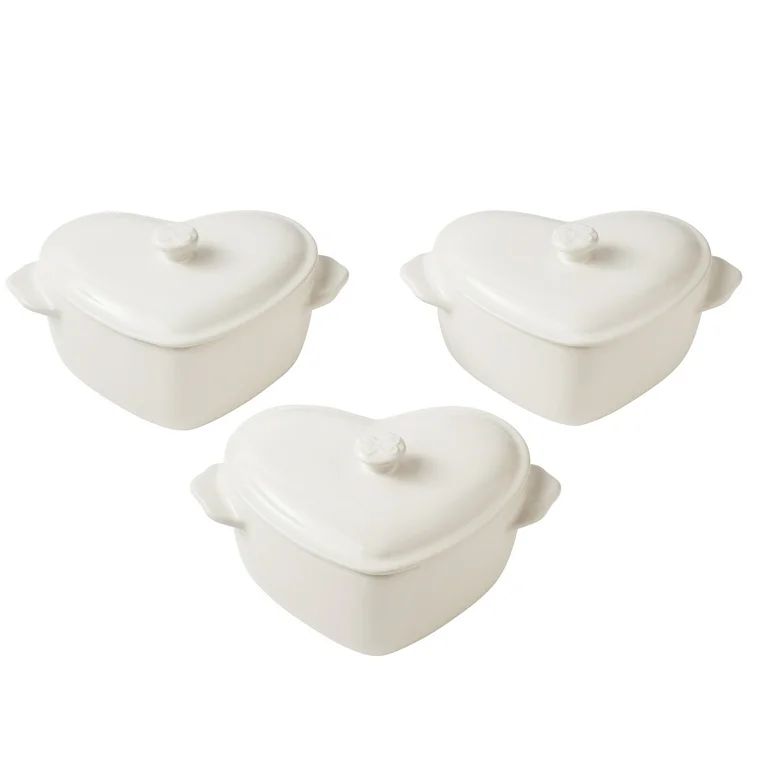 3-Piece Linen Colored Mini Hearts Ceramic Baking Dish with Lid, The Pioneer Woman 6.45" | Walmart (US)