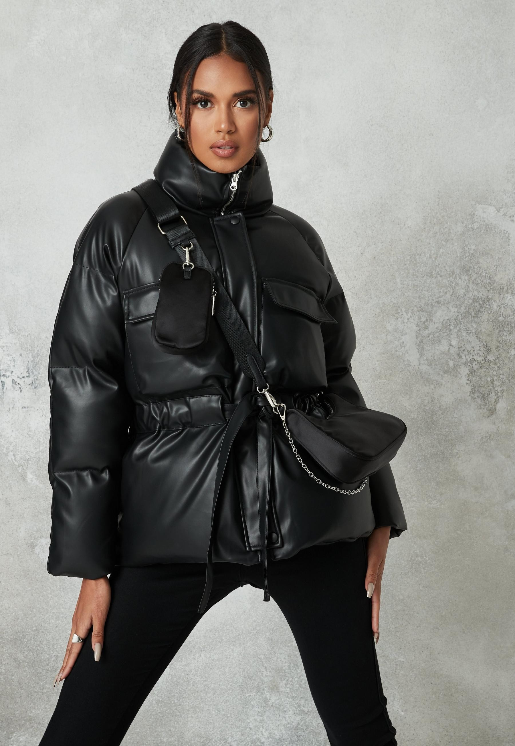Black Faux Leather Gathered Waist Puffer Coat | Missguided (UK & IE)