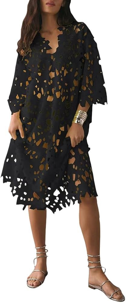 Womens Lace Mini Hollow Out Swim Cover Up Loose Fit 3/4 Sleeve Trendy Boho V Neck Sun Dress Asymm... | Amazon (US)