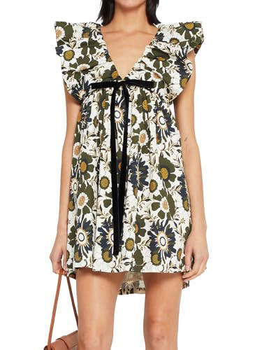 hibshaby Women's Floral Print Mini Dress V Neck Puff Sleeve Dresses Short Babydoll Bow Dress XS | Amazon (US)