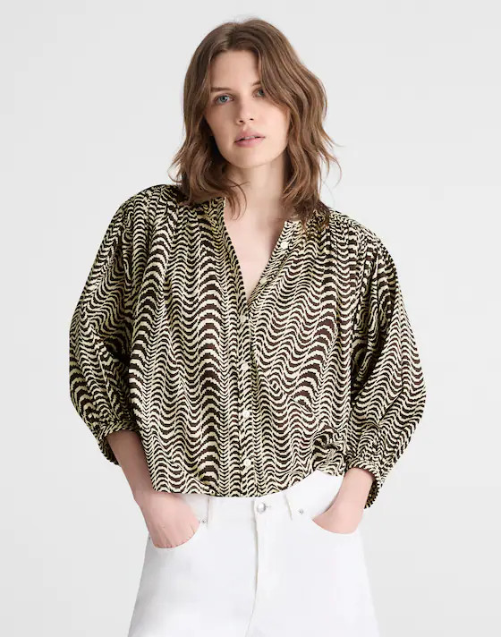 Shirred Crewneck Button-Up Top | Madewell