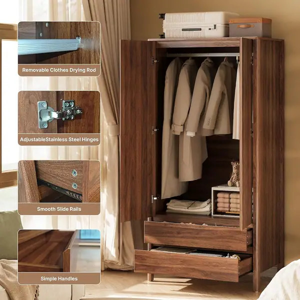 Wardrobe with 2 Doors and 2 Drawers Modern Walnut Bedroom Armoire Closet Freestanding Wooden Stor... | Bed Bath & Beyond