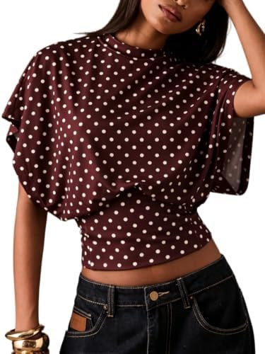 Floerns Women's Polka Dots Crew Neck Cinched Waist Dolman Sleeve Crop Tops | Cap Sleeve, Casual, ... | Amazon (US)