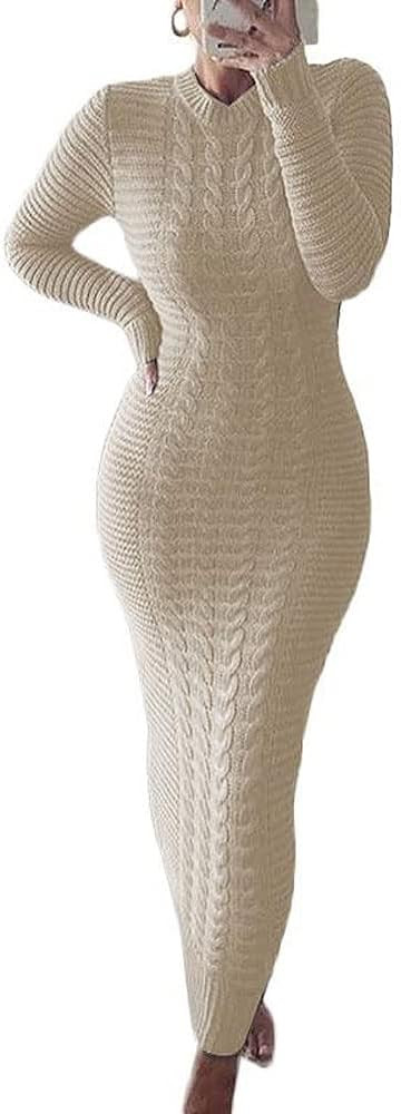 Women's Sexy Crewneck Long Sleeve Cable Knit Bodycon Maxi Pullover Sweater Dress | Amazon (US)