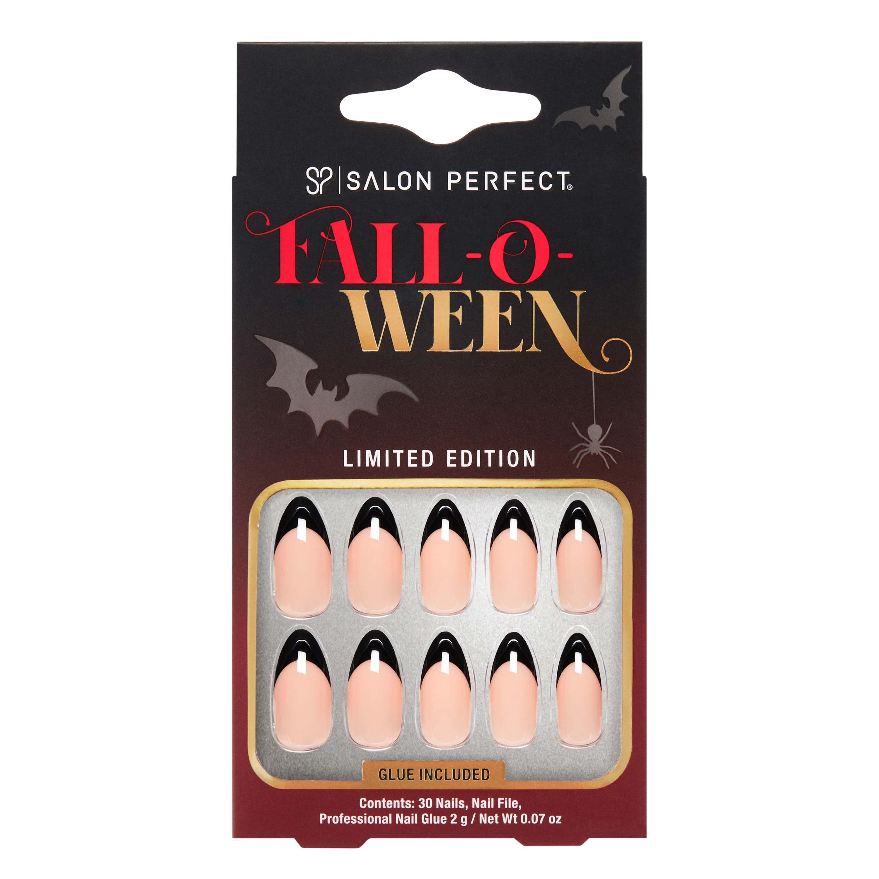Salon Perfect Falloween Press On Nails, 327 Black French, File & Glue Included, 30 Nails | Walmart (US)