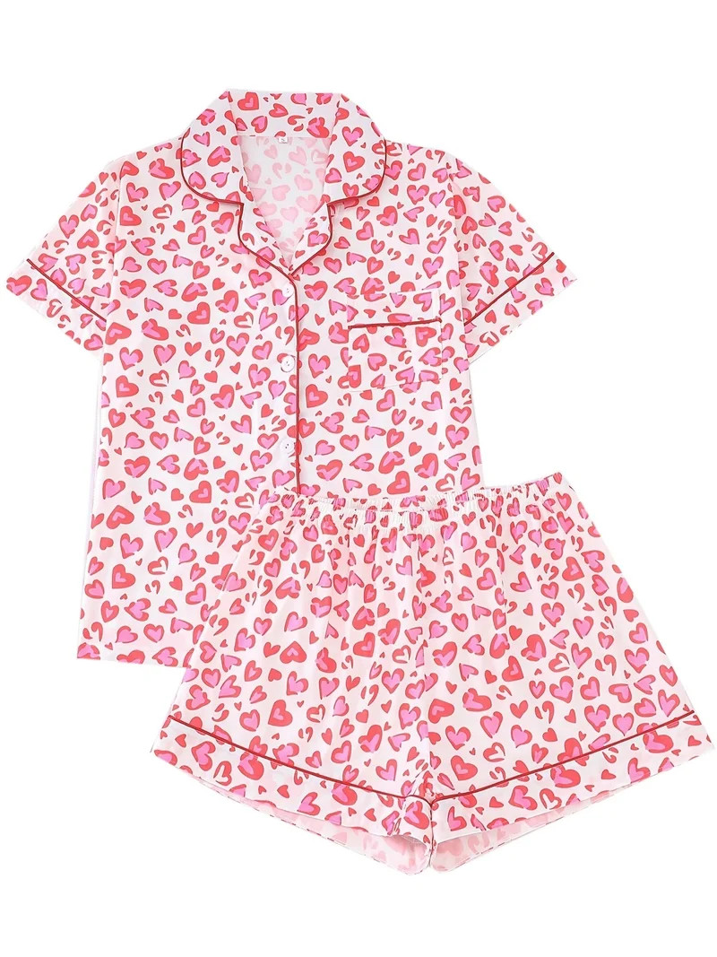 ATAIKU S-XXL Valentine's Day Womens Pajamas Set Love Heart Short Sleeve Button Down Sleepwear Top... | Walmart (US)