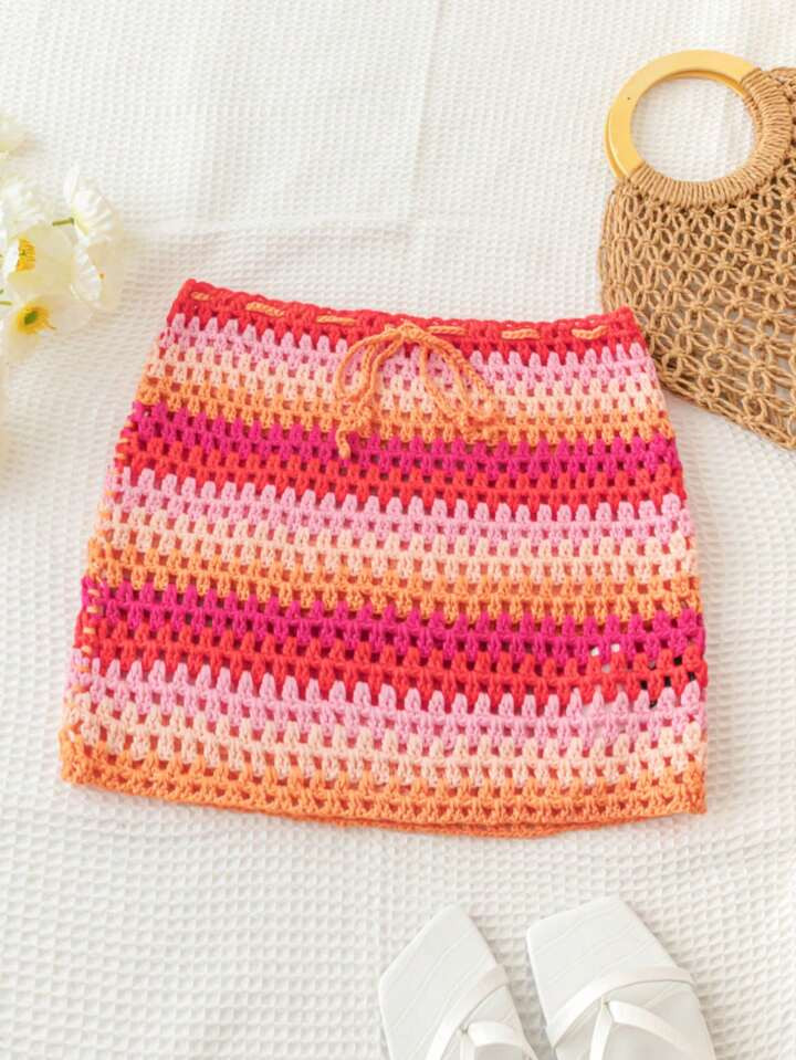 SHEIN Dreamara Women Gradient Colorful Rainbow Striped Bodycon Mini Skirt, Cute Seamless Crochet ... | SHEIN