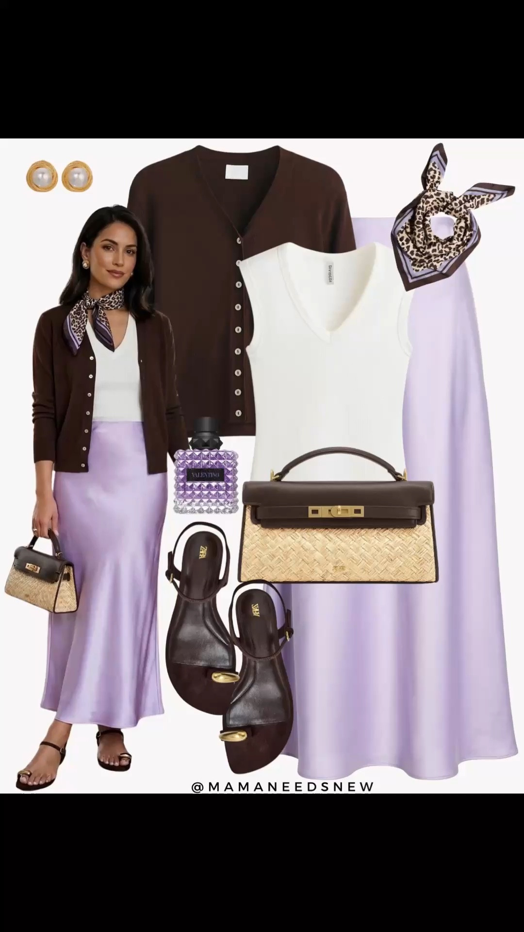 A spring to summer outfit with cardigan, tank top, satin skirt, silk scarf, top handle straw bag, sandals 💜🤎

#LTKootd #LTKSaleAlert #LTKSeasonal