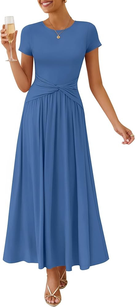 ZESICA Women's 2026 Summer Short Sleeve Maxi Dresses Twist Front Wedding Guest Cocktail Flowy A L... | Amazon (US)