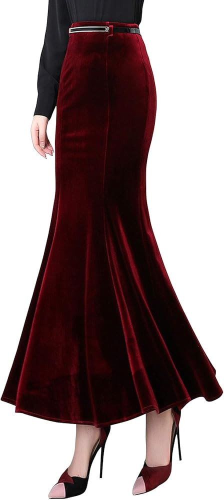 ebossy Women's High Waist Bodycon Velvet Fishtail Mermaid Maxi Skirt Evening Party | Amazon (US)