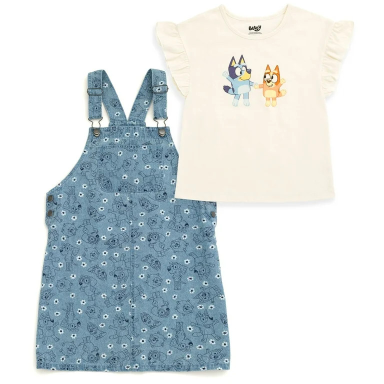 Bluey Bingo Chloe Floral Vintage Wash Denim Overall Dress and T-Shirt Outfit Set Toddler to Big K... | Walmart (US)