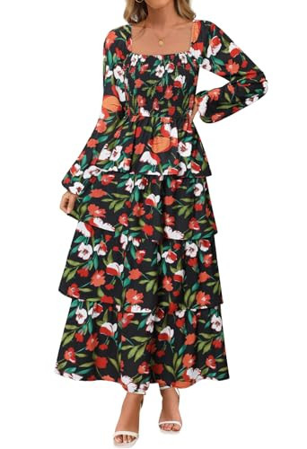 MEROKEETY Women's Summer Fall Long Sleeve Ruffle Tiered Dress 2025 Flowy Layered Square Neck Smocked Maxi Dresses, BlackFloral, Medium | Amazon (US)