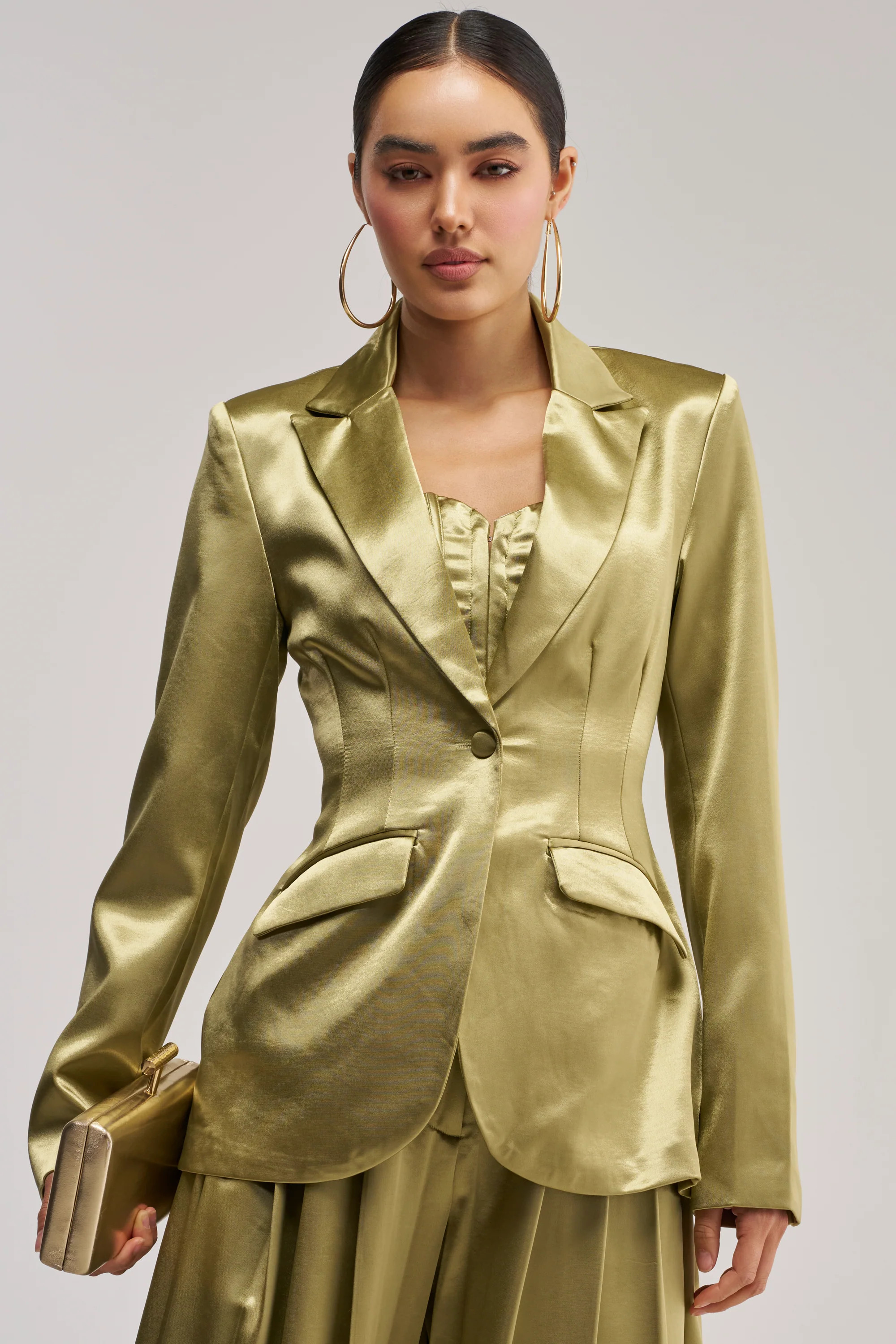 Satin Fitted Blazer in Olive Gold | AKIRA | AKIRA