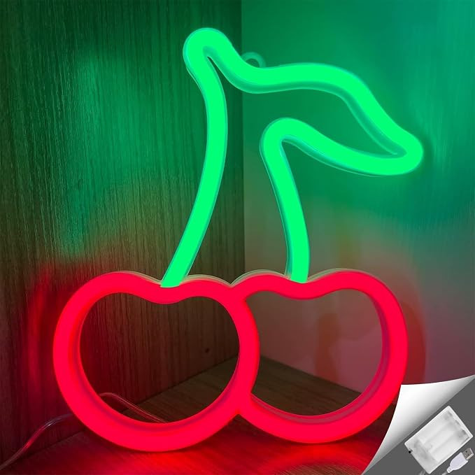 Cherry Neon Sign Red Green Cherries Neon Lights 7.5 * 8.9IN Cherry Neon Signs for Wall Decor, Cut... | Amazon (US)