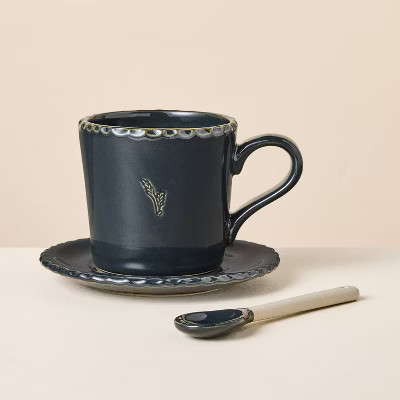 6 fl oz Pinched Edge Teacup with Saucer and Spoon Indigo - Hearth & Hand™ with Magnolia | Target