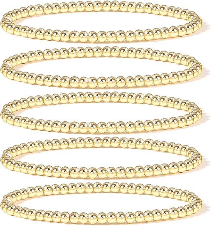 Gold Beaded Bracelets For Women Bead Trendy Stackable Ball Stack Plated Stretch Gold Elastic Set ... | Amazon (US)
