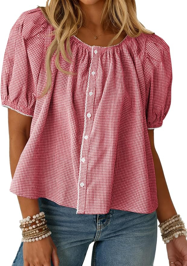 Tankaneo Womens Puff Sleeve Gingham Blouse Plaid Crew Neck Cute Tops | Amazon (US)