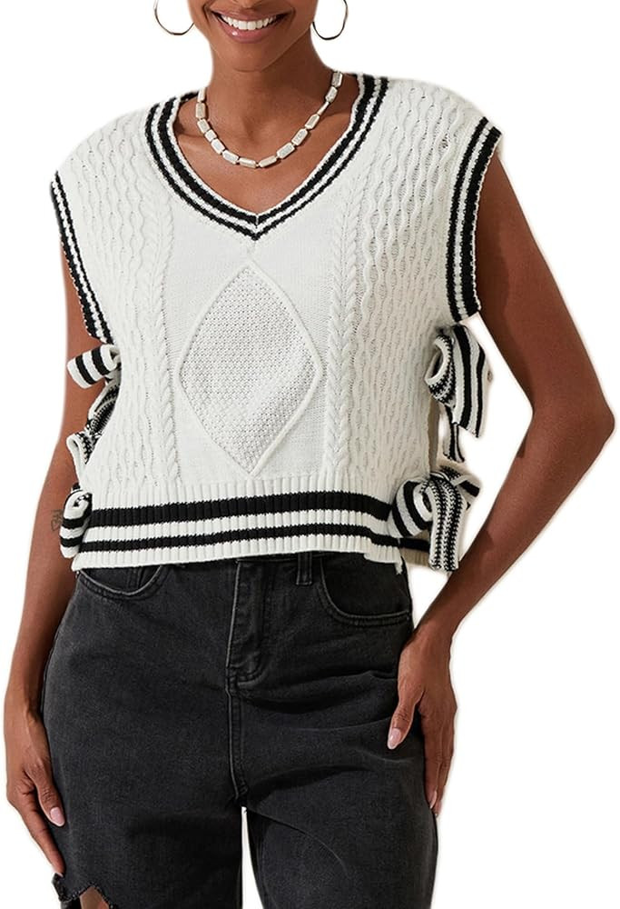 Women Side Tie Sweater Vest V Neck Striped Crop Knit Vest Lace Up Knitted Pullover Tank Tops Prep... | Amazon (US)