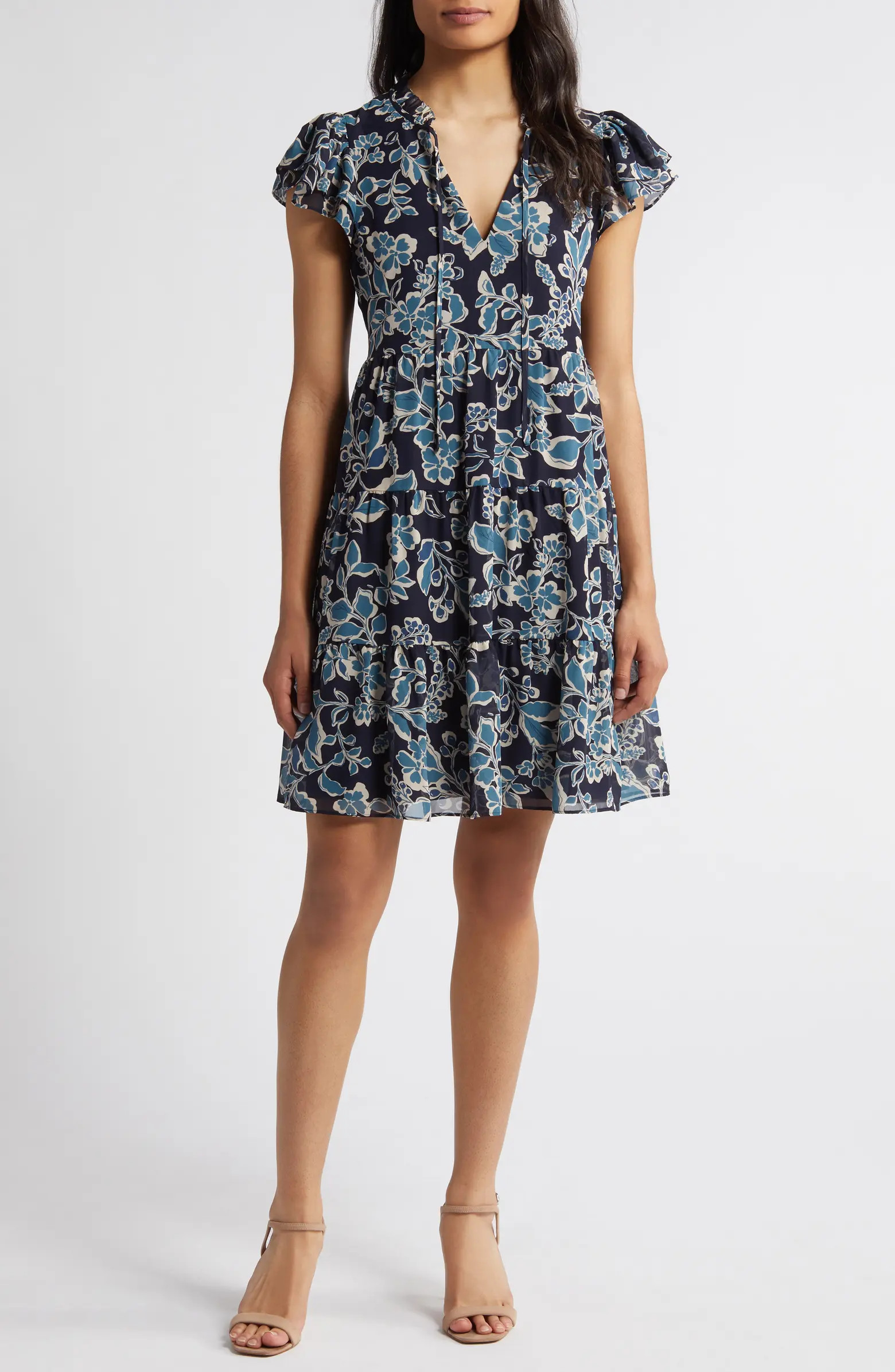 Eliza J Botanical Print Blouson Sleeve Tiered Dress | Nordstrom | Nordstrom
