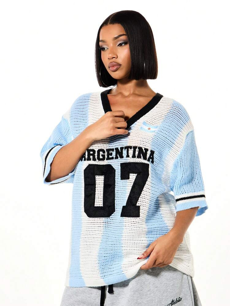 SUMWON WOMEN Argentina Flag Inspired Crochet Oversized V Neck Short Sleeve Summer Top With 07 Num... | SHEIN