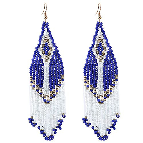 Bohemian Long Rice Beaded Tassel Earrings,Boho Native Handmade Woven Seed Bead Drop Dangle Earrings Statement Jewelry for Women Summer Holiday (Blue) | Amazon (US)
