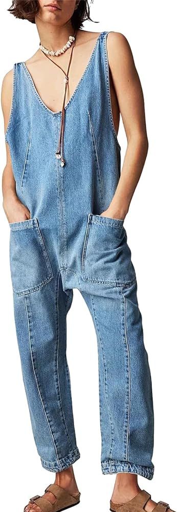 Amazon.com: PLNOTME Women's Denim Overall Jumpsuits Sleeveless V Neck Adjustable Straps Jeans Lon... | Amazon (US)