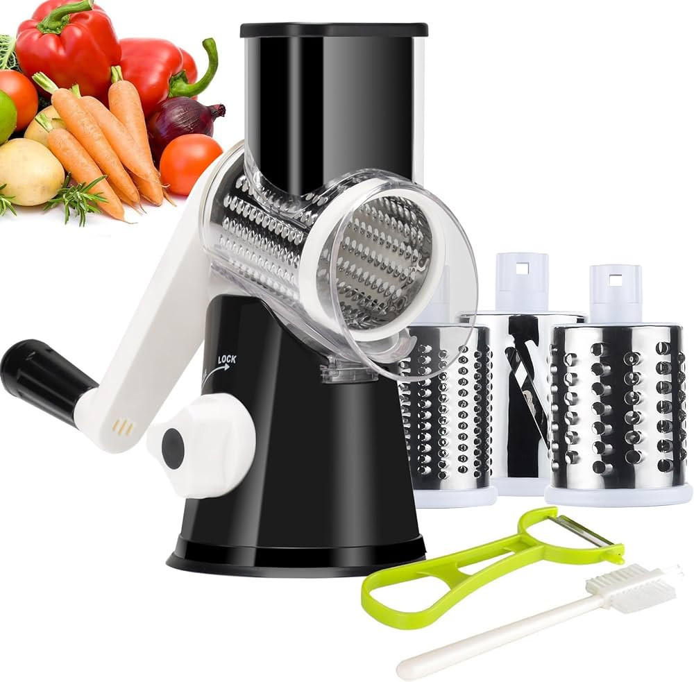 Ourokhome Rotary Cheese Grater Shredder, Round Mandolin Slicer with Handle and 3 Drum Blades, Kit... | Amazon (US)