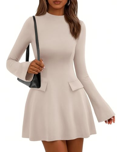 PRETTYGARDEN Women's Fall Bell Sleeve Short Dress,Beige Apricot,XS | Amazon (US)