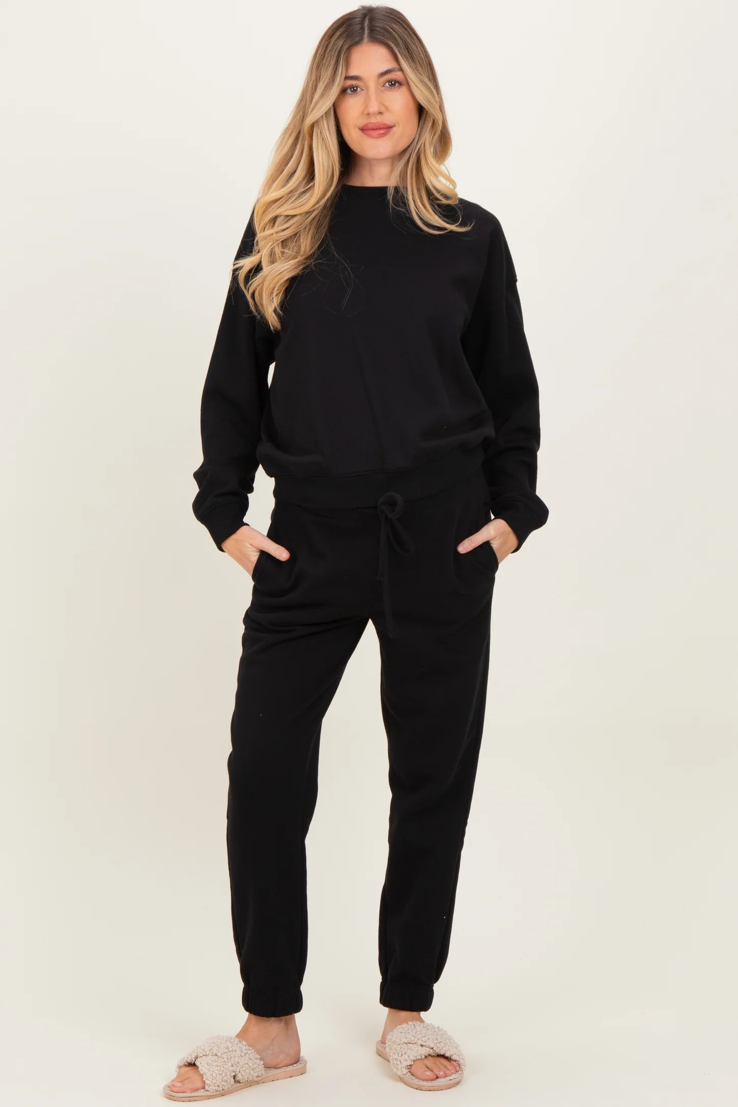 Light Mocha Fleece Long Sleeve Maternity Pullover & Jogger Set | PinkBlush Maternity
