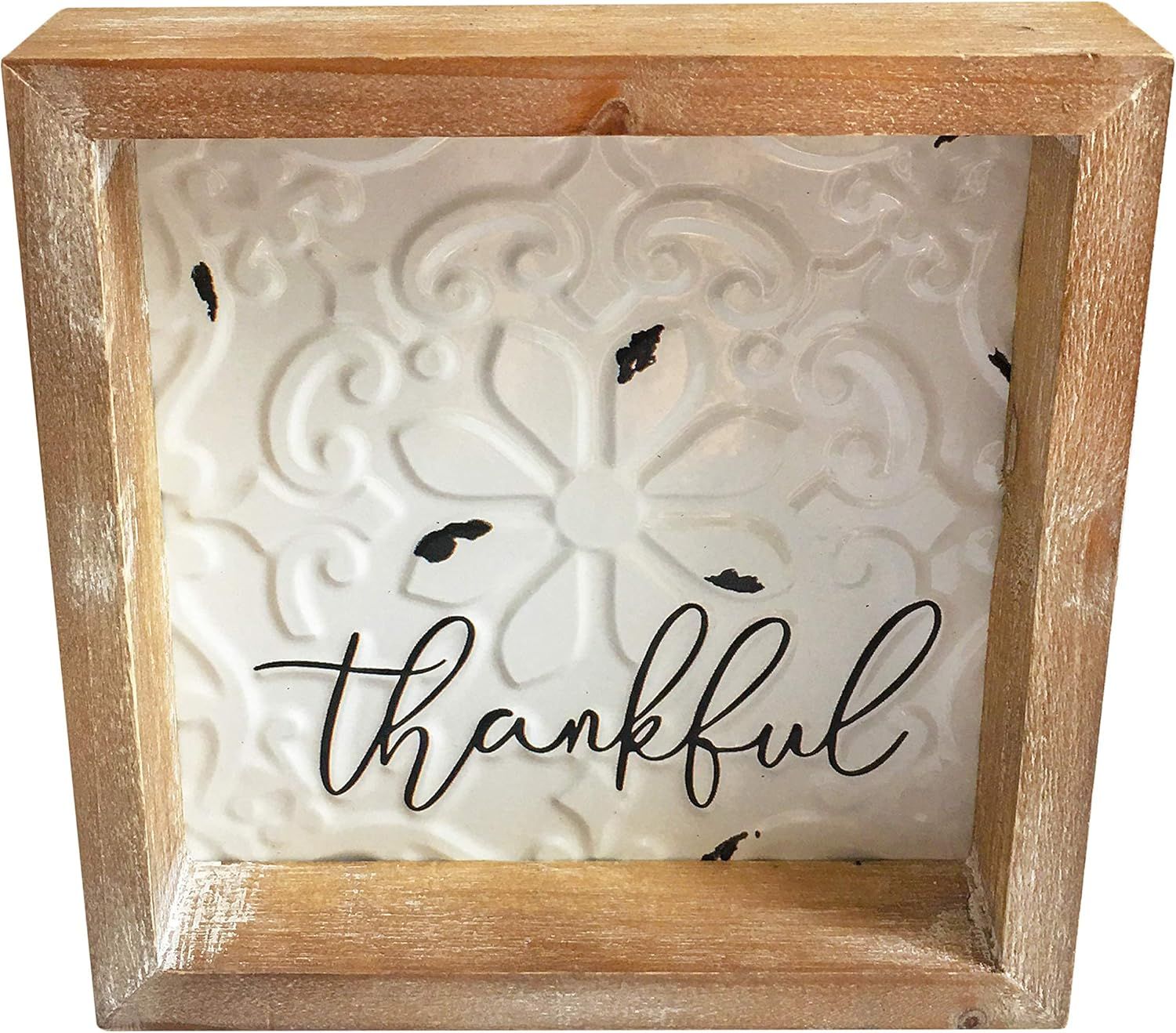 Wood Metal Thankful Sign, 8x8 inch Framed Rustic Embossed Enamel Home Table Decor Signs, Distress... | Amazon (US)