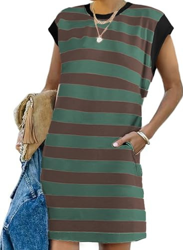 AlvaQ Summer Shirt Dress for Women Trendy 2025 Casual Crewneck Striped Tunic Short Dresses with Pockets Blackish Green Medium | Amazon (US)