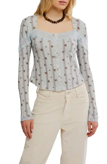 Free People Let's Party Floral Lace Trim Cotton Waffle Knit Button-Up Top in Pearl Blue Combo at Nordstrom Rack, Size Small | Nordstrom Rack