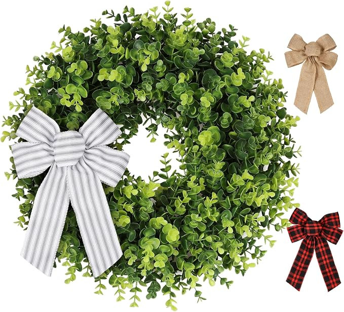 Pansu 18 Inch Boxwood Wreath, Artificial Green Wreath | 3 Different Bows, Weatherproof, Indoor/Ou... | Amazon (US)