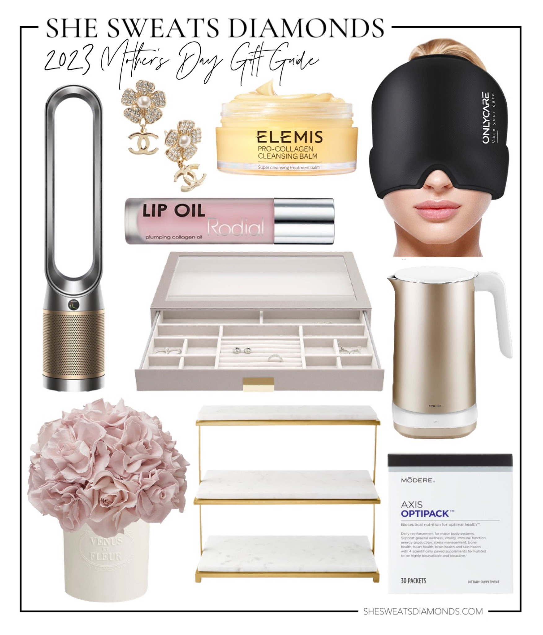 Mother’s Day gift ideas: Dyson air purifier, lip oil, facial cleansing balm, flower earrings, migraine head wrap, jewelry box with glass top, gold kettle, flowers that last a year or more, gold and marble tier server, and a vitamin pack. 

#LTKunder100 #LTKGiftGuide #LTKbeauty