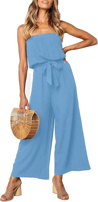 ZESICA Women's Casual Off Shoulder Solid Color Strapless Belted Wide Leg Jumpsuit Romper | Amazon (US)