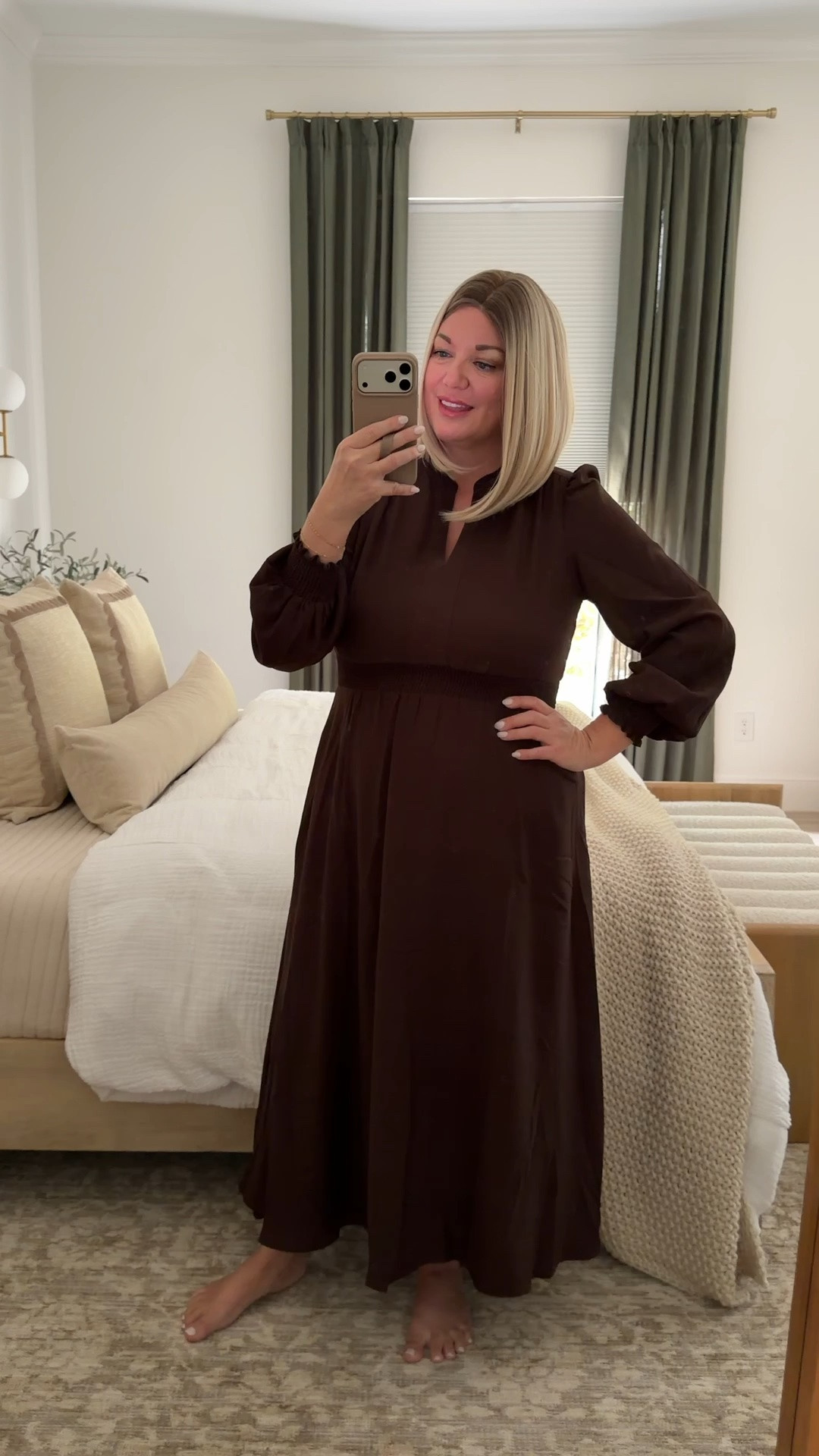 New fall perfect dresses from @Quince 🤎 
Wear & go - no iron needed, and it’s under $100!  Wearing a Medium & I’m 165lbs 5’4”