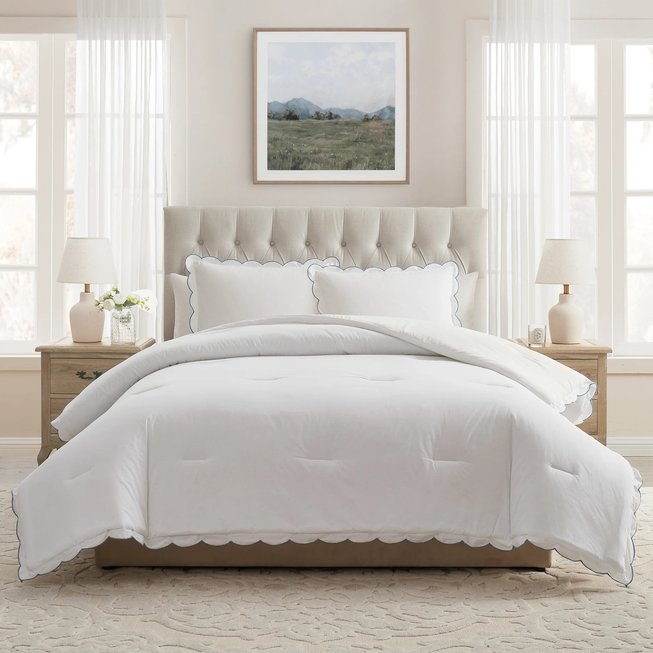 My Texas House Paige 2-Piece White/Blue Scallop Cotton Comforter Set, Twin/Twin XL - Walmart.com | Walmart (US)