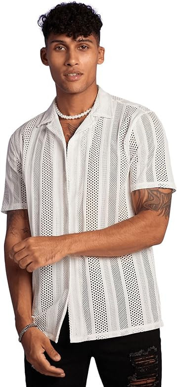 Floerns Men's Casual Button Down Pointelle Knit Short Sleeve Shirt Blouse Top | Amazon (US)