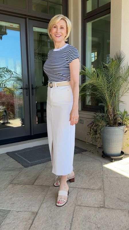 This cute nautical look from Madewell with the striped tee and white denim skirt has a shipshape nautical look. Pair it with these cute bone sandals for a casual summer outfit. #LTKvideo #LTkover40

#LTKtravel