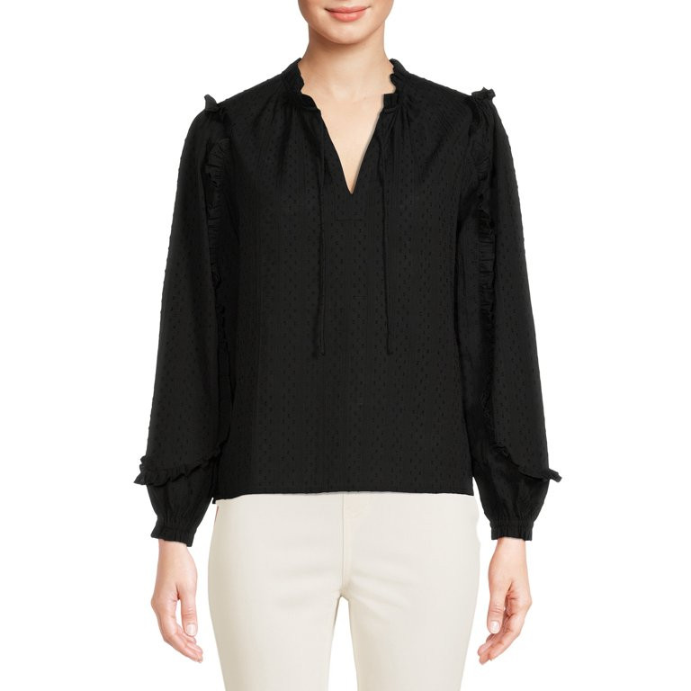 Time and Tru Women's Mixed Print Ruffle Top with Long Sleeves | Walmart (US)