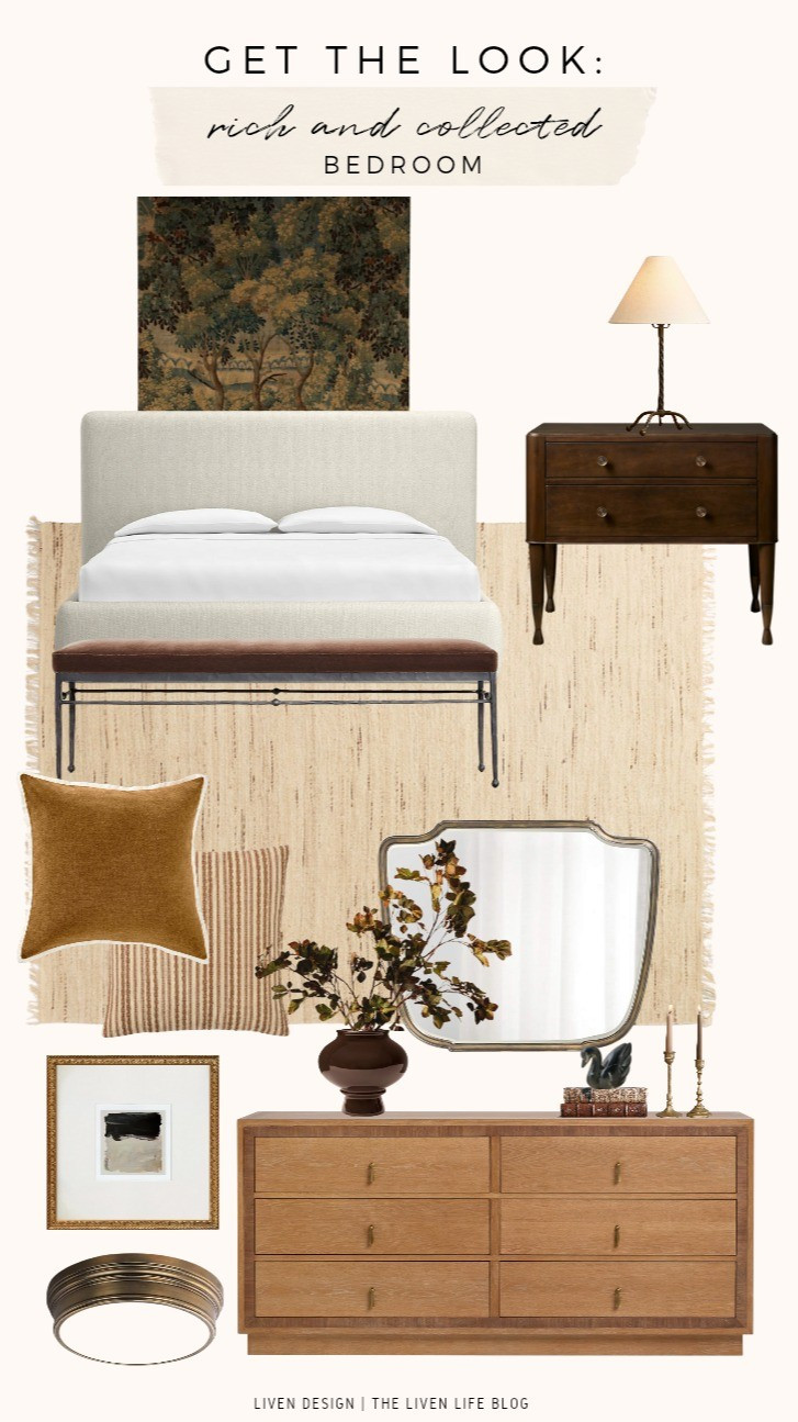 Rich and collected bedroom. Upholstered bed. Nightstand. Dresser. Candle holders. Vintage style. Interior design. Tapestry wall hanging. Velvet pillow. Rich tones. Fall trends. Velvet bench. Metal table lamp. Accent mirror. Home decor. Decorative swan. Ceramic vase. Glossy vase. Handwoven rug. Fringe rug. Jute wool rug 

#LTKSeasonal #LTKHome #LTKSaleAlert