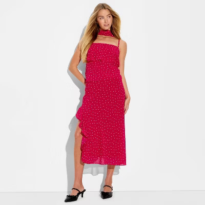 Women's Chiffon Ruffle Below Knee Midi Skirt - Wild Fable™ Red Polka Dots S | Target