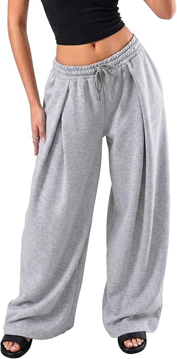 Fisoew Womens Wide Leg Sweatpants Baggy Drawstring Waist Casual Long Pants | Amazon (US)