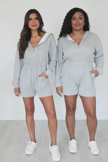 On The Move Grey Hooded Quarter Zip Romper | Pink Lily