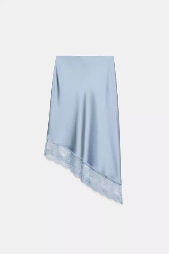 SATINIERTER MIDIROCK MIT ASYMMETRISCHEM SAUM UND SPITZE | Zara DE