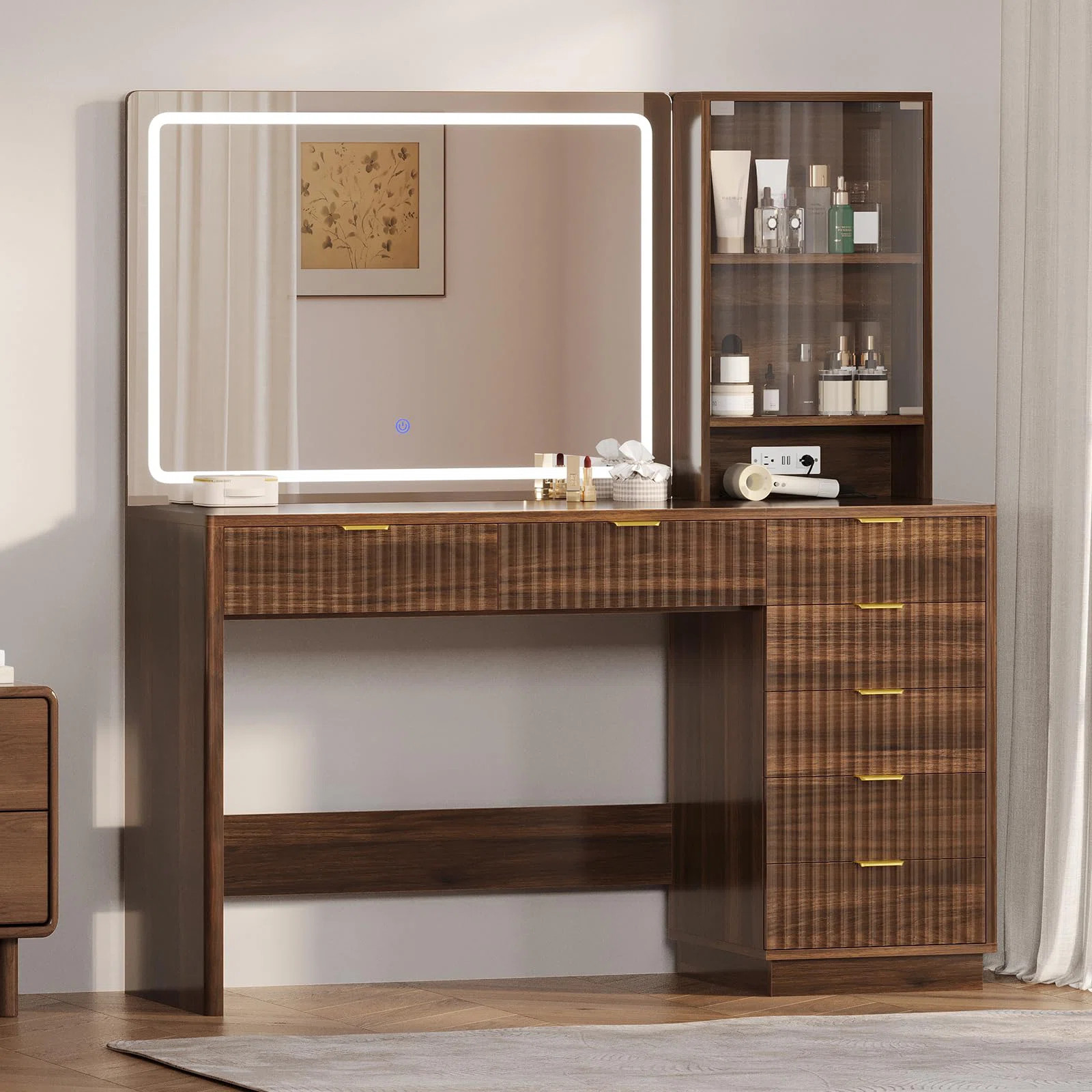 Fluted Makeup Vanity Desk With Large Mirror And Lights, Makeup Vanity With 7 Drawers & Glass Cabi... | Wayfair North America