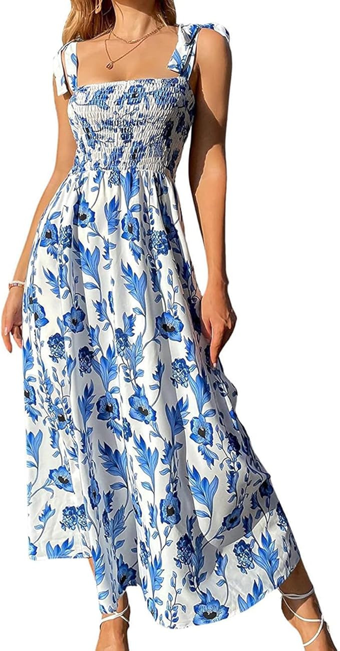 Women's Summer Boho Dress Floral Print Spaghetti Strap Square Neck Shirred Maxi Dress Beach Sun D... | Amazon (US)