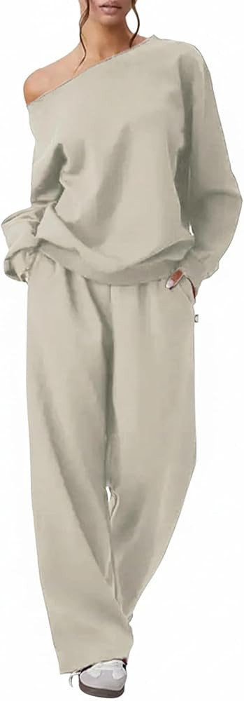 Sweatsuits Women 2 piece Outfit Matching Sweat Sets Off The Shoulder Lounge Top Wide Leg Jogger S... | Amazon (US)
