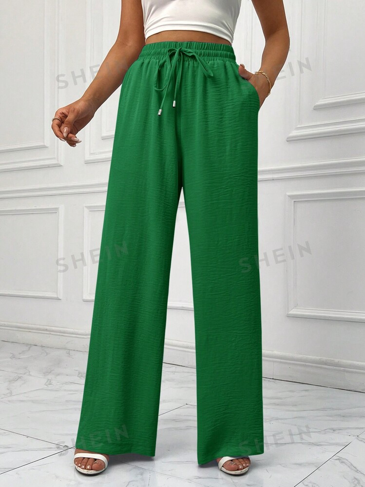 SHEIN Essnce Solid Color Drawstring High Waist Slant Pocket Wide Leg Long Pants | SHEIN